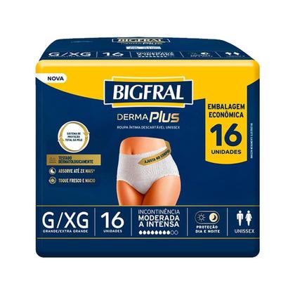 Imagem de Roupa Íntima Adulto Bigfral Derma Plus Tamanho G/XG - 4 Pacotes com 16 Fraldas - Total 64 Tiras