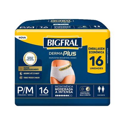 Imagem de Roupa Íntima Adulto Bigfral Derma Plus Tamanho P/M - 4 Pacotes com 16 Fraldas - Total 64 Tiras