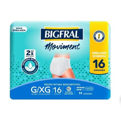 Imagem de Roupa Íntima Bigfral Moviment Adulto Tamanho G/XG - 4 Pacotes com 16 Fraldas - Total 64 Tiras