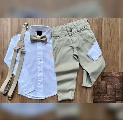 Imagem de Roupa Menino Infantil Camisa Manga Longa Branco Calça Color Bege Suspensório e Gravata Bege