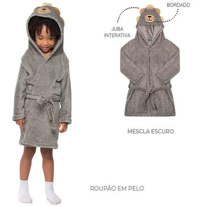 Imagem de Roupão Infantil Menino Capuz Fleece Leãozinho Cinza Tileesul