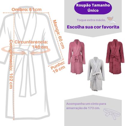 Imagem de Roupão Robe Plush Fleece Microfibra Unissex Feminino Masculino Casal Luxo Confortável Manga Longa