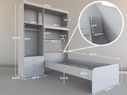 Imagem de Roupeiro CAN Com Cama + cabeceira Baú Solteiro 1.57m 4 Portas e 3 Gavetas Amplo Espaço Interno Cor Branco