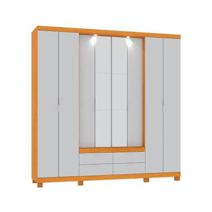 Roupeiro Casal 8 Portas 4 Gavetas com Led e Espelho Floripa Cedro