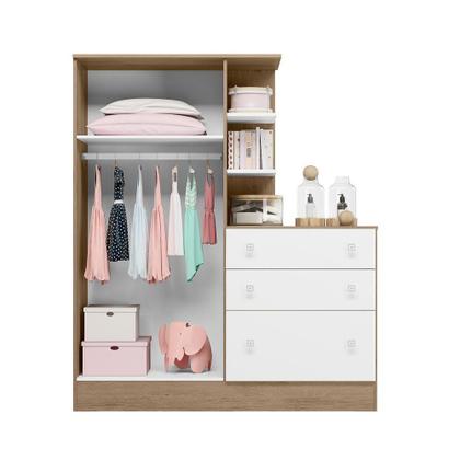 Imagem de Roupeiro com Comoda Infantil Fermo Carvalho Rustico Branco