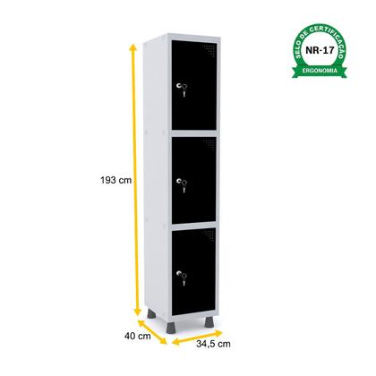 Imagem de Roupeiro de aço 1m 03 portas fechadura pandin - cinza/preto