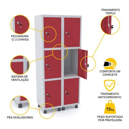 Imagem de Roupeiro de aço 2m 06 portas fechadura pandin - cinza/vermelho