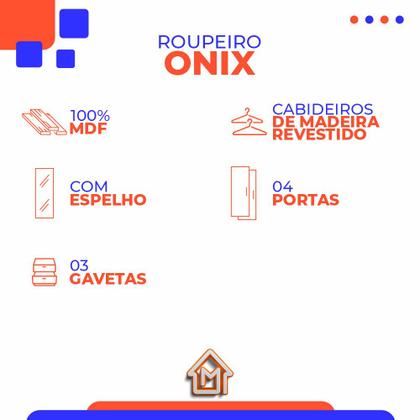 Imagem de Roupeiro Tuboarte Onix 100% MDF Capelinha 4 Portas e 3 Gavetas Kit de Espelho e Pés