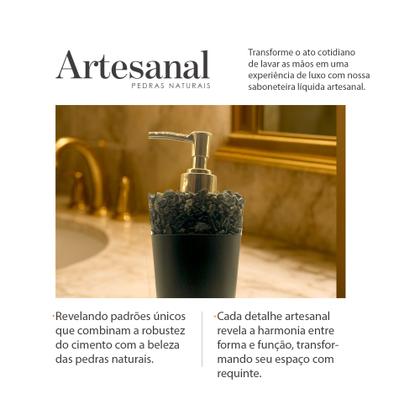 Imagem de Saboneteira Líquida Artesanal em Cimento Preto com Pedras Pretas 220 ml Rústica e Durável