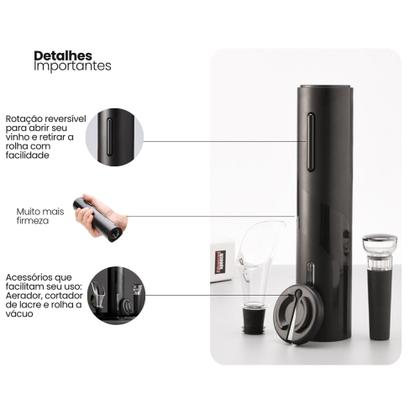 Imagem de Saca Rolhas Abridor De Vinho Automático Elétrico Dupla Rotação Kit 4 em 1 Profissional Sommelier
