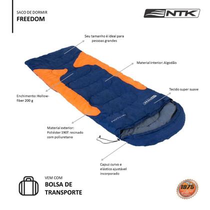 Imagem de Saco de Dormir Freedom 2,10x75cm - Azul e Laranja - Nautika