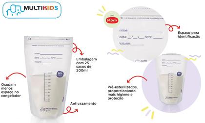 Imagem de Saco Para Armazenar Leite Materno 200ml com 50 Unidades Multikids