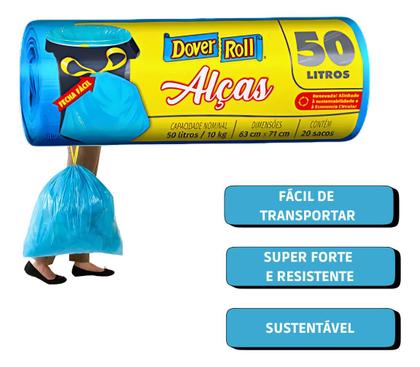 Imagem de Saco Para Lixo Com Alça 50 Litros Super Forte 20 Unidades Resistente Azul Bobina Para Casa Picotado