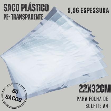 Imagem de Saco plástico sem furo para documentos folha A4 22X 32cm transparente 50 unidades