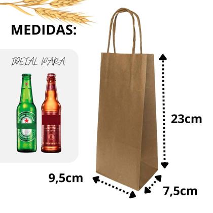 Imagem de Sacola De Papel Kraft Lisa LongNeck Cerveja Bebidas C/ 10Un