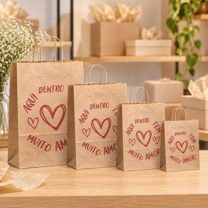 Imagem de Sacola Kraft Papel Coração Vermelho Kit com PP P M G 25 Cada Tamanho