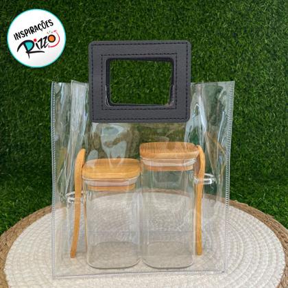 Imagem de Sacola Transparente PVC com Alça Quadrada de Couro Preta - 18x20x10 - 1 unidade - Rizzo