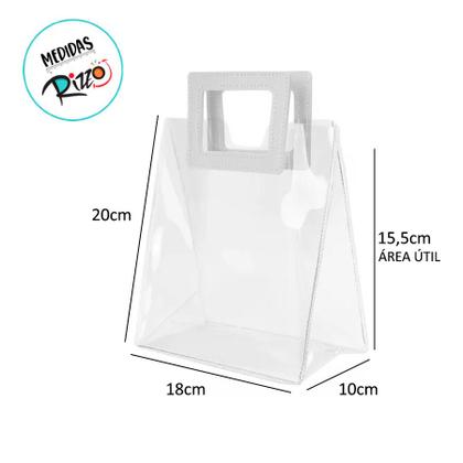 Imagem de Sacola Transparente PVC com Alça Quadrada de Couro Preta - 18x20x10 - 1 unidade - Rizzo