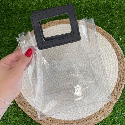 Imagem de Sacola Transparente PVC com Alça Quadrada de Couro Preta - 18x20x10 - 1 unidade - Rizzo