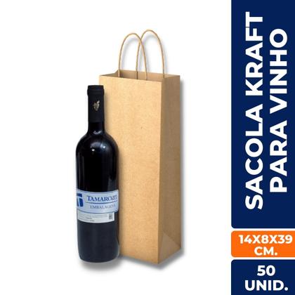 Imagem de Sacolas de Papel Kraft (14x8x39cm). Sacolinhas P/ Garrafas de Vinho Bebidas Espumante C/50 Un.