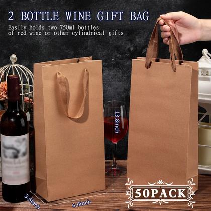 Imagem de Sacos de vinho Yeeqee para 2 garrafas de papel Kraft 17x9x35cm, pacote com 50