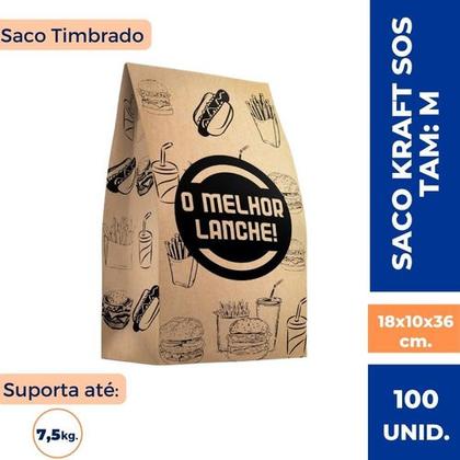 Imagem de Sacos Kraft SOS Timbrado M 7,5Kg (18x10x36cm.) P/ Delivery Hamburguer Lanches C/ 100 Un.
