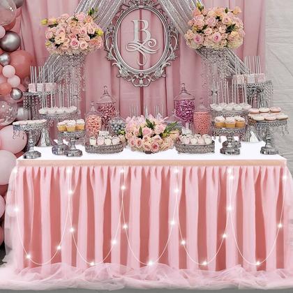 Imagem de Saia de mesa QueenDream Dusty Rose Tulle de 14 pés com luz LED