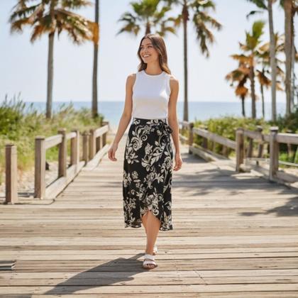 Imagem de Saia Envelope Elegance Estampada  Leveza, Charme e Sofisticação Preto