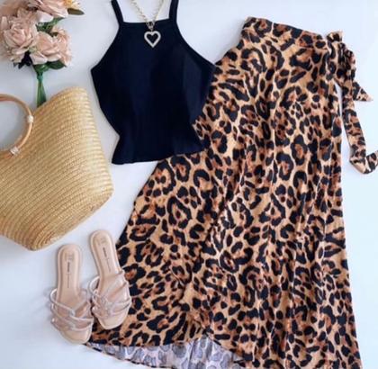 Imagem de Saia Envelope Onça Mullet Midi Multiformas Moda Tendência Versátil Feminina Anilmal Print
