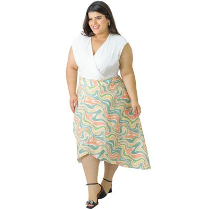 Imagem de Saia Envelope Transpassada Longa Fenda Midi Estampada Plus