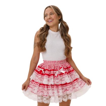 Imagem de Saia Festa Junina Adulta Xadrez Vermelha Rendada Com Corações