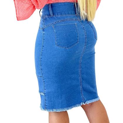 Imagem de Saia Jeans Evangélica MIDI Longa Cós Alto com Babado