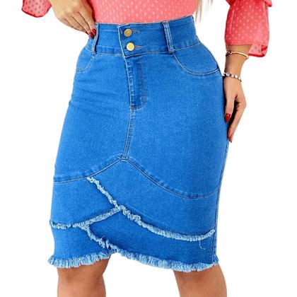 Imagem de Saia Jeans Evangélica MIDI Longa Cós Alto com Babado