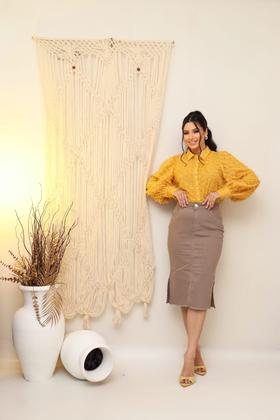 Imagem de Saia Jeans Feminina Com Lycra e Fendais Lavagem Bege Cintura Alta Evagélica Moda Cristã 38 ao 48 Premium