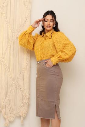 Imagem de Saia Jeans Feminina Com Lycra e Fendais Lavagem Bege Cintura Alta Evagélica Moda Cristã 38 ao 48 Premium