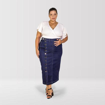 Imagem de Saia jeans feminina plus size midi com botões 46 ao 58