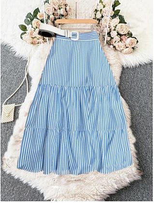 Imagem de Saia Listrada Azul e Branco 3 Marias Midi Casual Evangelica