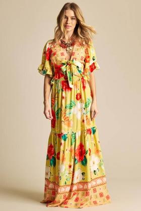 Imagem de Saia Longa Com Elástico Na Cintura Amarelo Estampado Yacamim A7