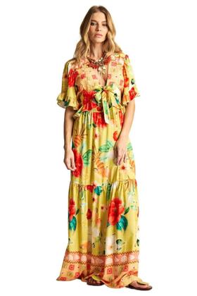 Imagem de Saia Longa Com Elástico Na Cintura Amarelo Estampado Yacamim A7