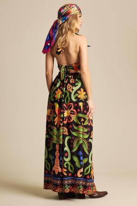 Imagem de Saia Longa Com Elástico Na Cintura Preto Estampado Yacamim A25