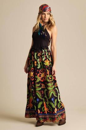 Imagem de Saia Longa Com Elástico Na Cintura Preto Estampado Yacamim A25