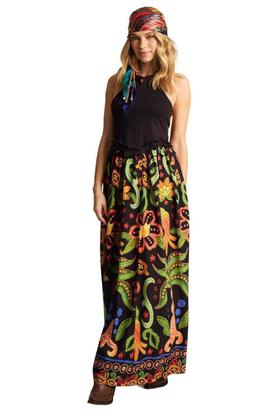 Imagem de Saia Longa Com Elástico Na Cintura Preto Estampado Yacamim A25