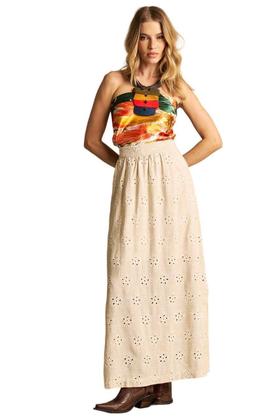 Imagem de Saia Longa De Linho Evasê Bege Bordada Yacamim I8