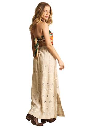 Imagem de Saia Longa De Linho Evasê Bege Bordada Yacamim I8