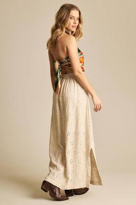 Imagem de Saia Longa De Linho Evasê Bege Bordada Yacamim I8