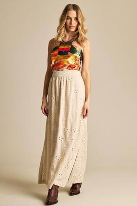 Imagem de Saia Longa De Linho Evasê Bege Bordada Yacamim I8