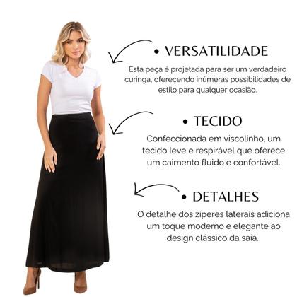 Imagem de Saia Longa Moda Evangélica Viscolinho Lisa Com Ziper Lateral