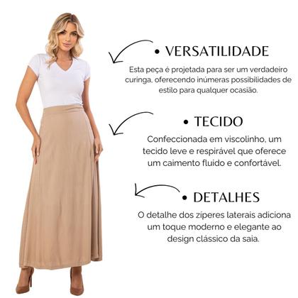 Imagem de Saia Longa Moda Evangélica Viscolinho Lisa Com Ziper Lateral