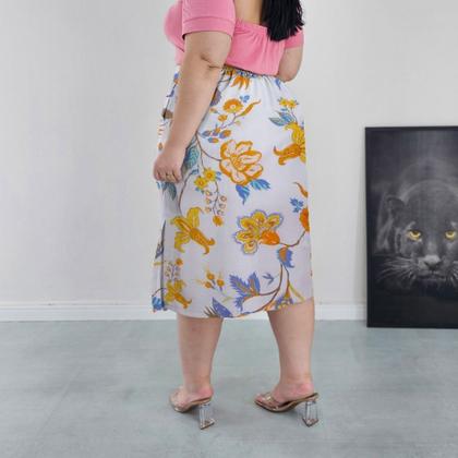 Imagem de Saia Midi Cintura Alta com Bolsos e Aberturas Laterais Forrada Diversas Cores Estampadas Viscolinho Plus Size G2 G3