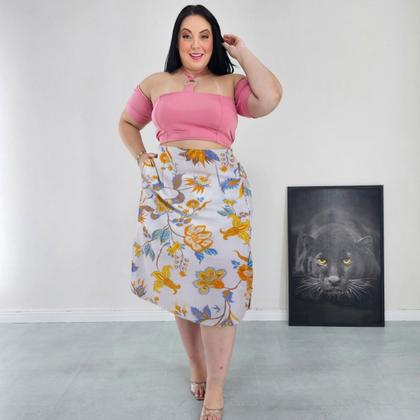 Imagem de Saia Midi Cintura Alta com Bolsos e Aberturas Laterais Forrada Diversas Cores Estampadas Viscolinho Plus Size G2 G3